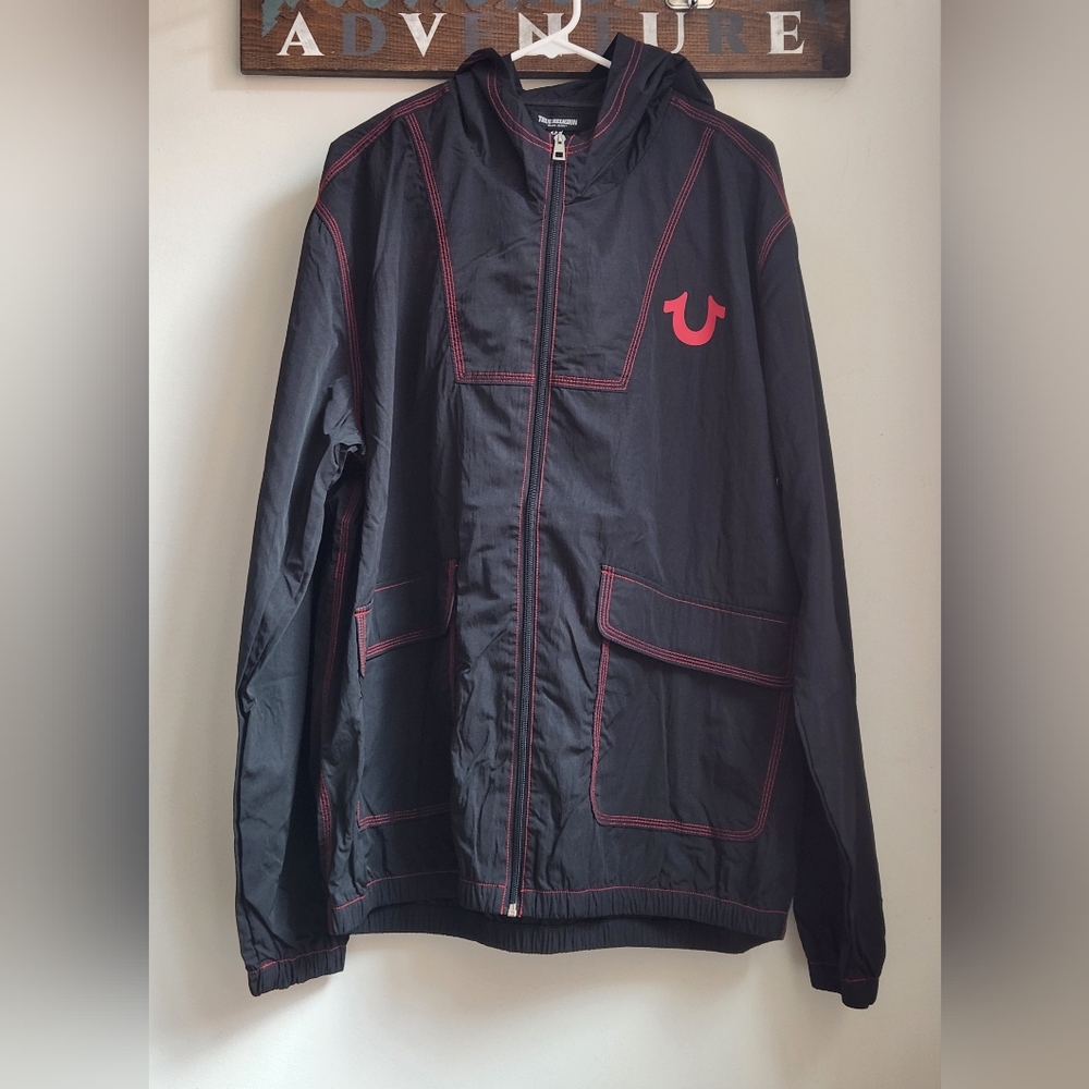 True Religion Jet Black Triple Needle Contrast Full Zip Jacket Men's Size XL